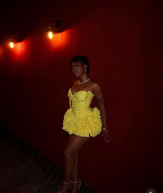 Classy Ball Gown Sweetheart Yellow Satin For Black Girls For Teens With Ruffles Party Short Mini 19th Birthday Dresses Hoco Outfit RB3788