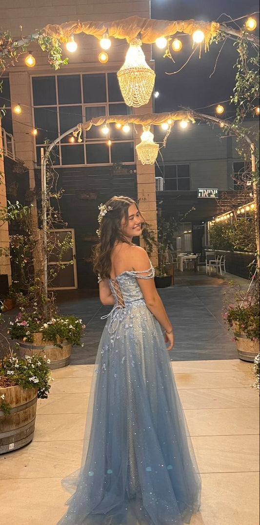 Dream A line Off The Shoulder Dusty Blue Tulle Prom Dress Women Long Formal Dance Evening Party Gowns AB1799
