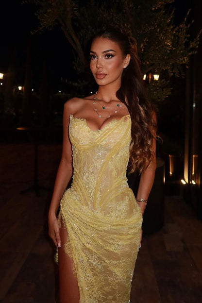 Robe de bal longue sirène unique, décolleté cœur, dentelle jaune, fente, robe de soirée, tenue pour un 21e anniversaire, robe de remise de diplôme N900