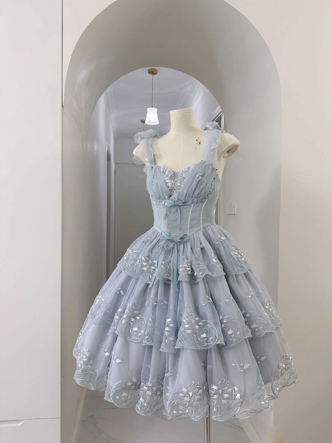 Traum Ballkleid Träger Staubblau Mit Spitze Partykleid Kurz Mini 18. Geburtstag Kleider Hoco Outfits RB3522