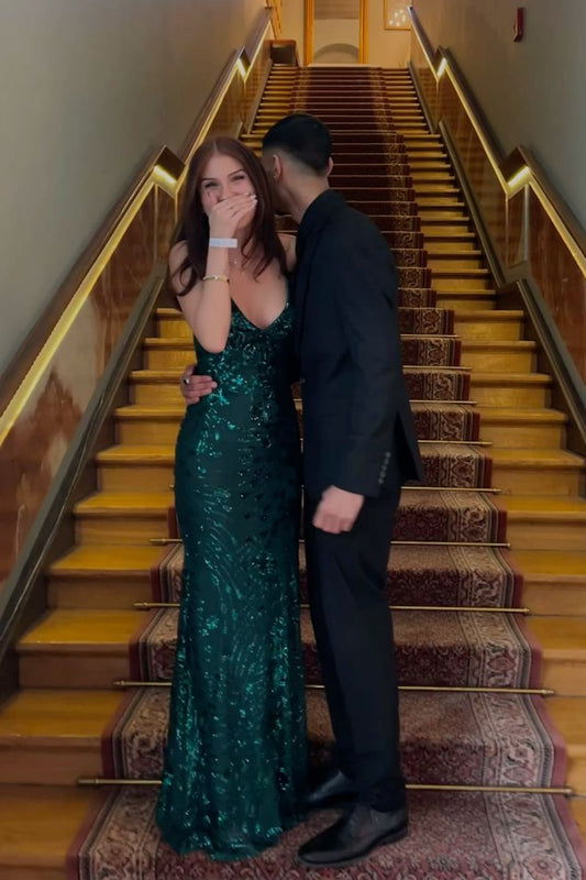 Modest Mermaid Spaghetti Straps Dark Green Lace Sequins Long Prom Dresses For Women AB1473