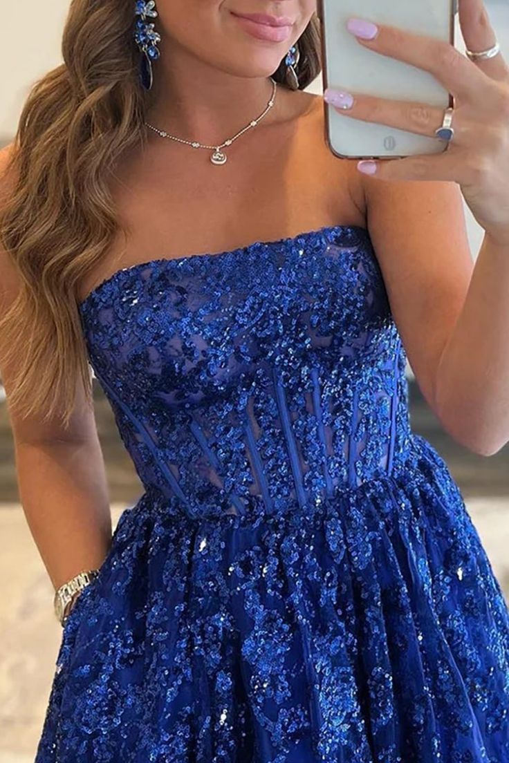 A line Royal Blue Sequined Lace Long Prom Dress with Pockets Formal Evening Gowns AB499