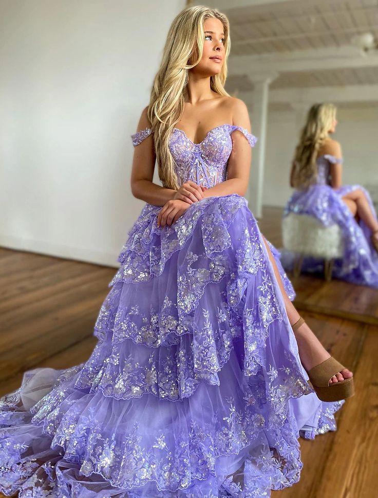 A-Line Lace Off-the-Shoulder Tiered Long Prom Dress with Slit Formal Evening Gowns AB501