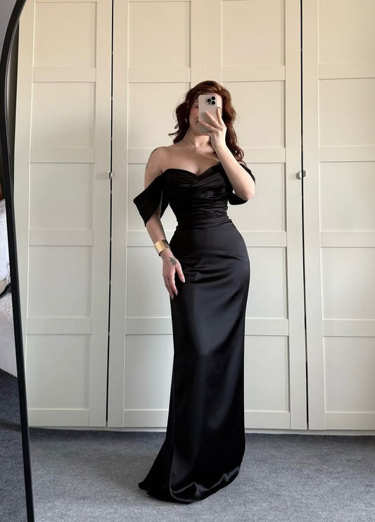 Schwarzes, schulterfreies Meerjungfrauen-Abendkleid mit Falten, lang, elegant, für Teenager-Mädchen, AB2175