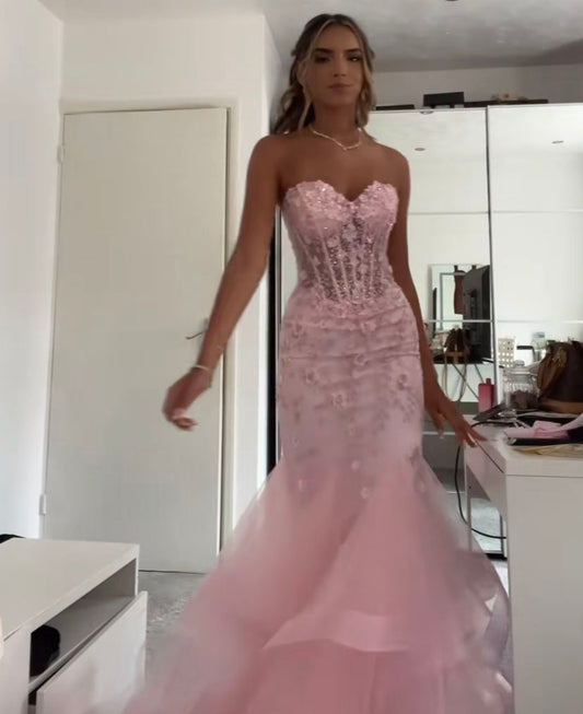 Mermaid Sweetheart Sleeveless Tulle Pink Long formal dresses AB941