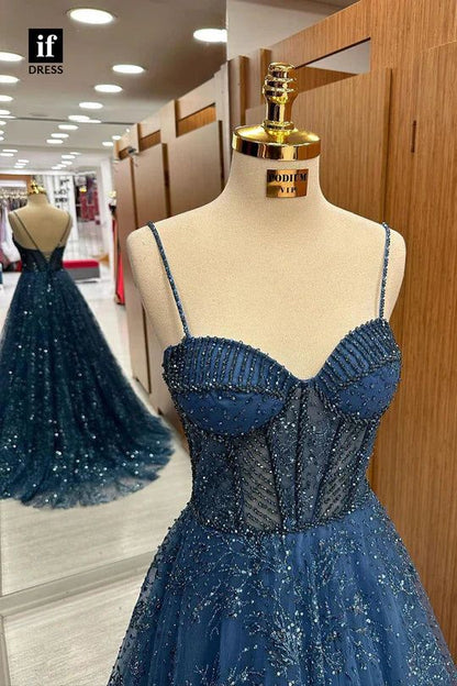 Elegant Spaghetti Strap Sleeveless A-line Tulle Long Prom Dresses Online Prom Gown AB912