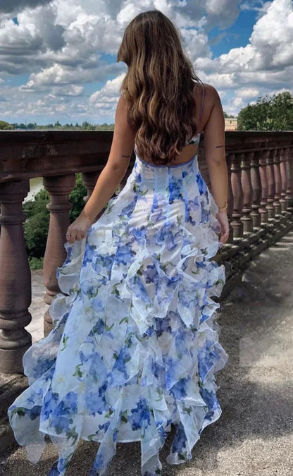 Geblümtes Rüschen-Maxikleid, blau, ärmellos, bodenlang, rückenfrei, Ballkleid AB620