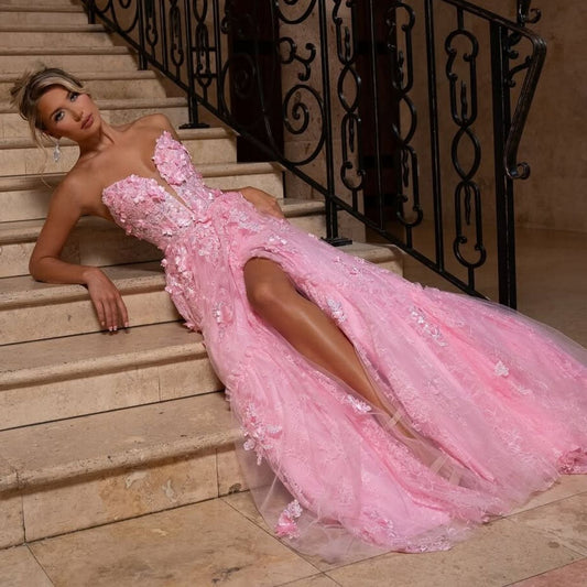 Robe de bal rose illusion pour soirée, robe de cocktail formelle trapèze en dentelle appliquée, fente princesse, robe d'anniversaire AB934