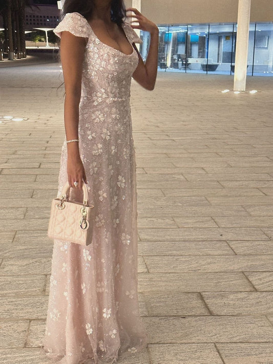 Elegant A line Floral Pattern Backless Short Sleeve Prom Dress Formal Dresses AB920