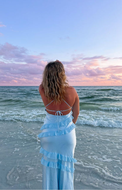 Mermaid Spaghetti Straps Blue Long Prom Dresses Chiffon Light Sky Blue Long Formal Dresses AB919