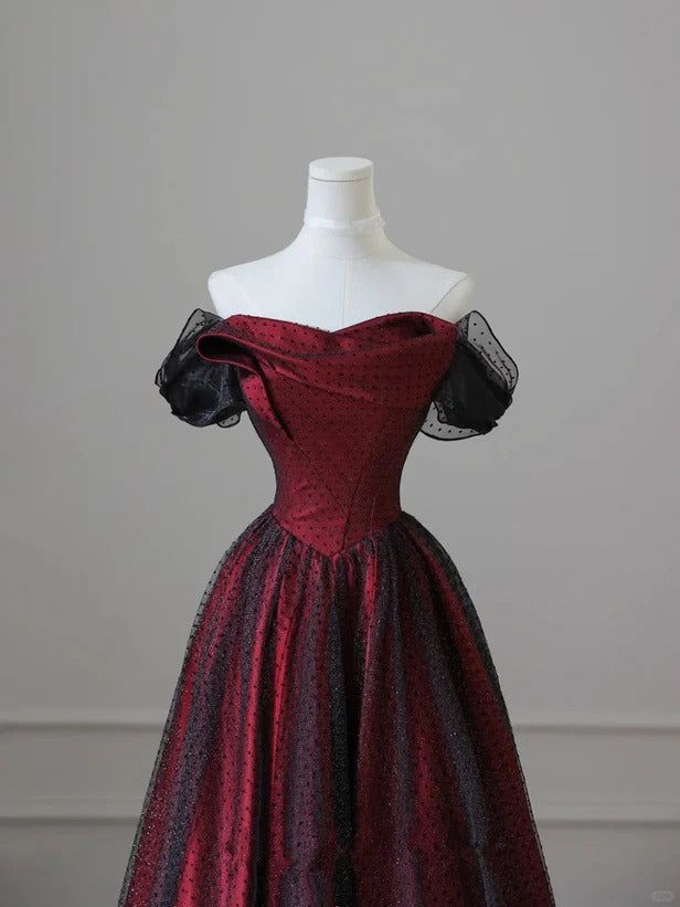 Robe de bal longue en tulle noir et rouge, coupe trapèze, épaules dénudées, robe de soirée de mariage, robe d'anniversaire AB916