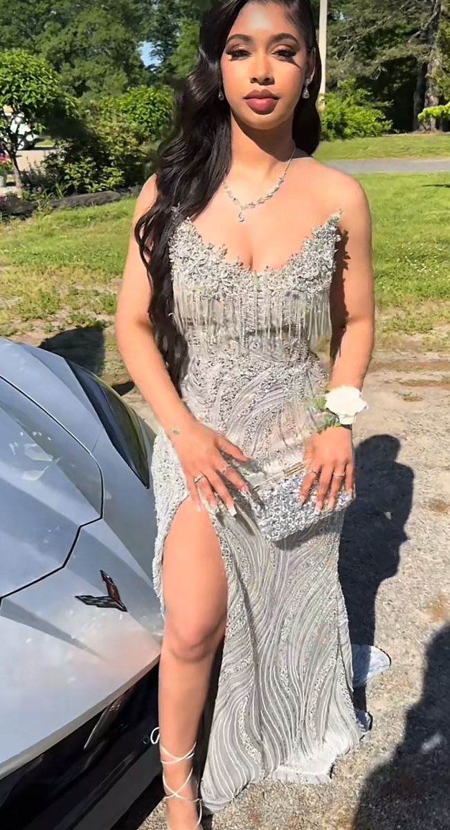 Robe de bal sirène scintillante à décolleté cœur pour jeunes filles noires, ornée de sequins argentés, perles et cristaux, longue robe de soirée fendue N814