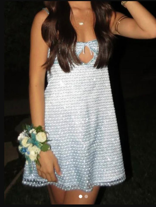 Sparkly A Line Spaghetti Strap Light Blue Sleeveless Sequin Mini Graduation Dresses Short Inspo Senior Homecoming Outfits RB3524