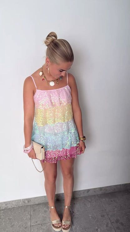 Casual Women's Elegant Spaghetti Strap Multi Colors Sequin Party Dress Middle School Semi Formal Hoco Dresses RB6089