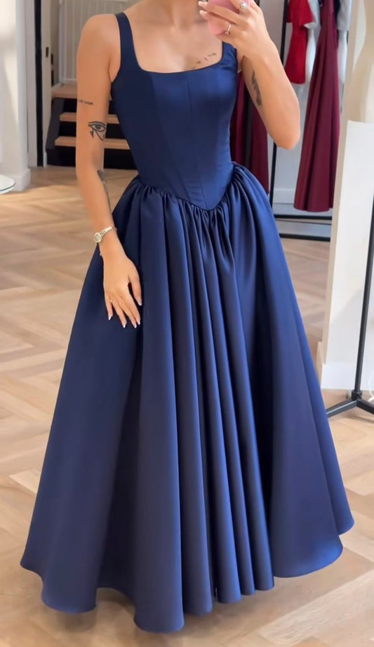 Modest A Line Square Neck Navy Blue Prom Dresses Inspo Simple Long Prom Gowns AB266