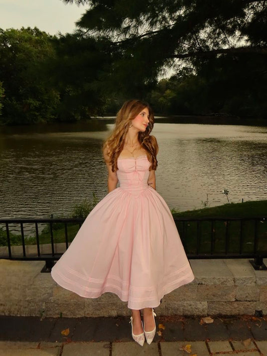 Fitted A line Square Neck Pink Satin Sleeveless Ankle Length Prom Dresses AB621