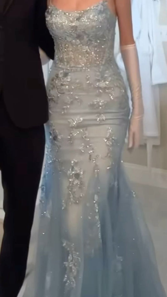 Charming Mermaid Spaghetti Straps Light Sky Blue Tulle Prom Dresses Inspiration For Teens Formal Dress Party Outfits Prom Gown Ideas RB2176