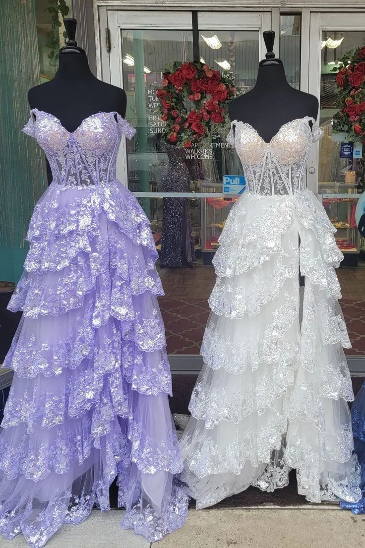 A-Line Lace Off-the-Shoulder Tiered Long Prom Dress with Slit Formal Evening Gowns AB501