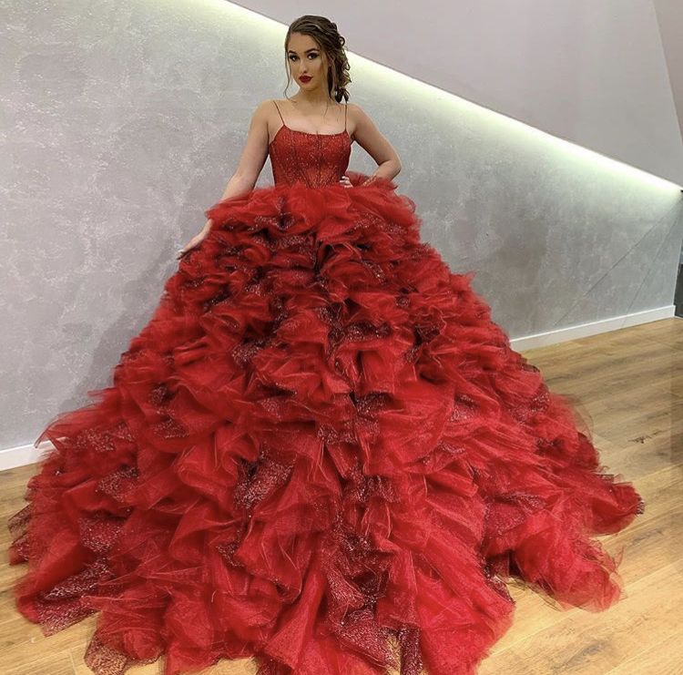 Robe de bal chic pour femme, bretelles spaghetti, tulle rouge bordeaux, longue, robe de soirée formelle AB1785