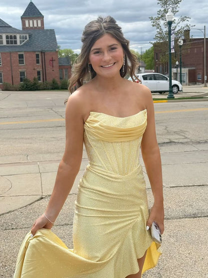 Robe de bal longue sirène sans bretelles en satin jaune pailleté ornée de perles - Inspiration robes de soirée pour femmes - Robe de cérémonie AB1212