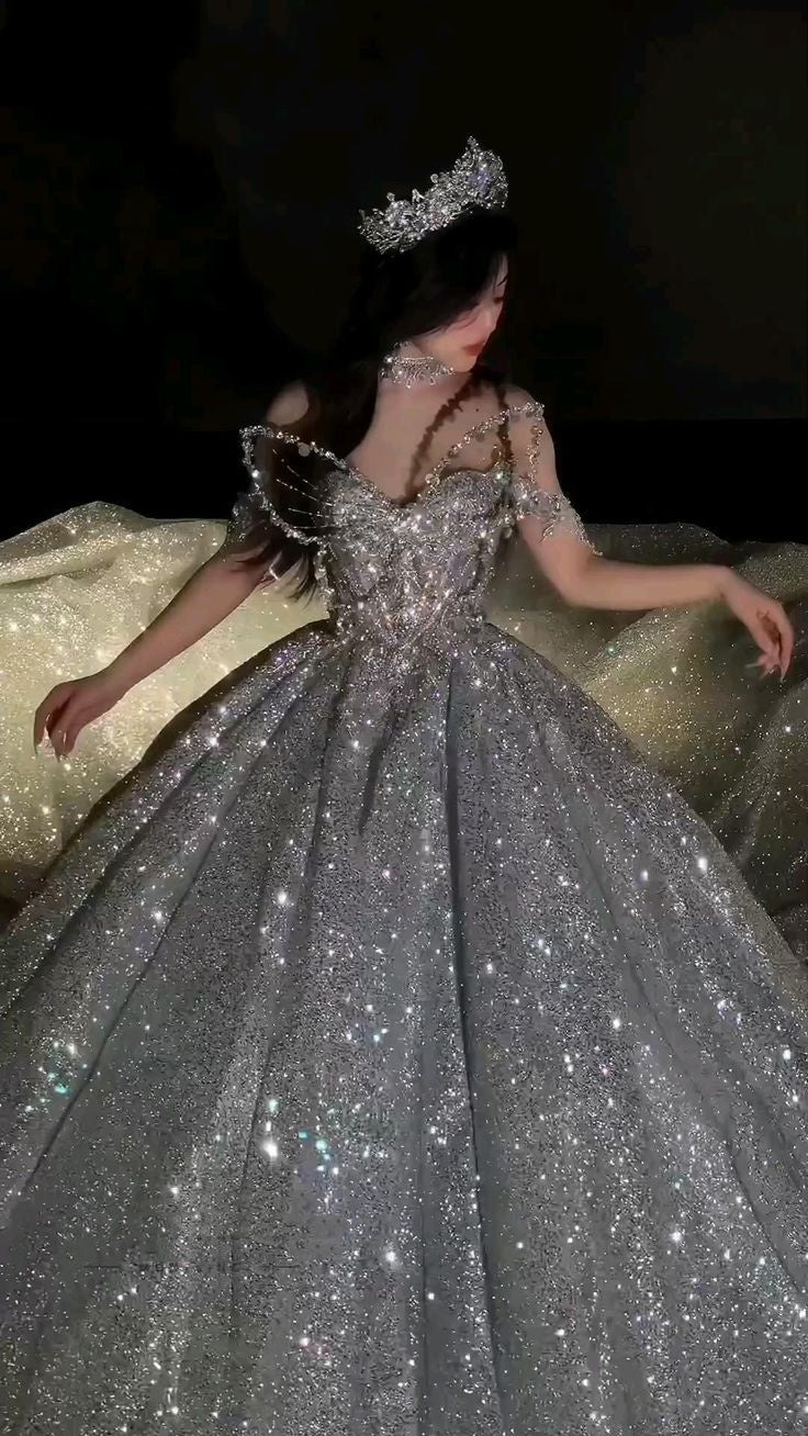 Robe de mariée longue à paillettes argentées et décolleté en cœur, style féerique, robe de mariée formelle, B09