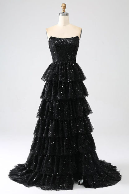 Funkelndes, trägerloses, burgunderrotes Ballkleid mit Schlitz, Pailletten, langes, formelles Abendkleid N795