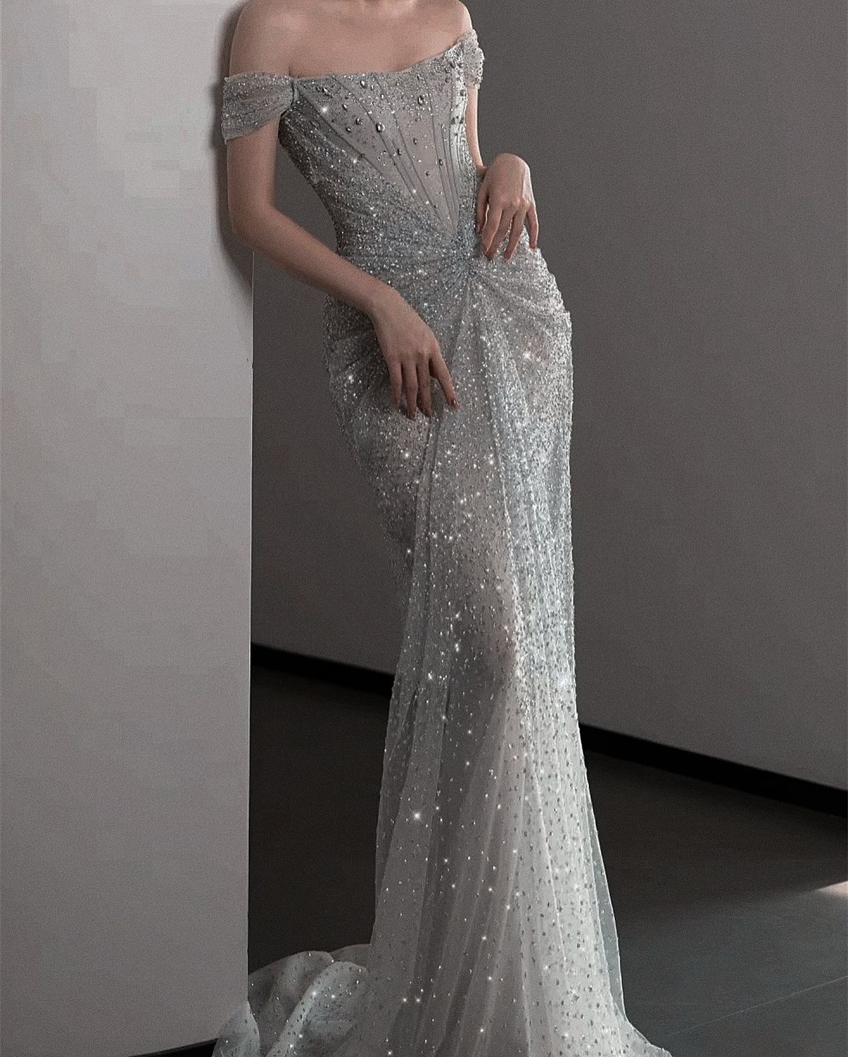 Robe de bal longue sirène à sequins argentés et perles, manches courtes, ravissante, pour femme AB1514