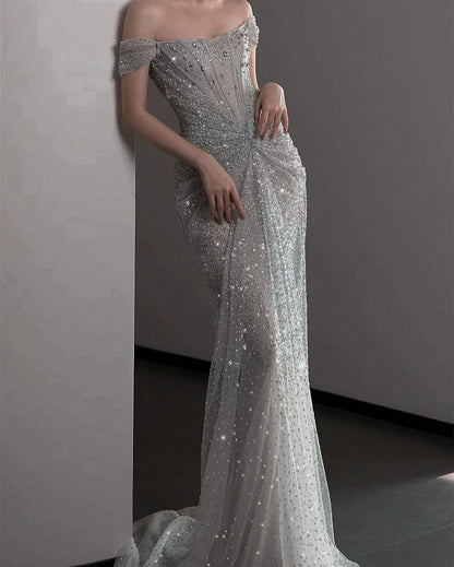 Robe de bal longue sirène à sequins argentés et perles, manches courtes, ravissante, pour femme AB1514