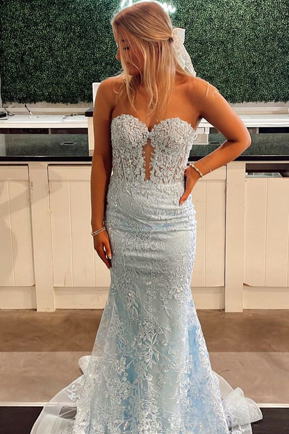 Langes, trompetenförmiges Ballkleid mit Spitzenapplikationen, Herzausschnitt und Schlüssellochausschnitt – Inspiration für formelle Abendkleider N248