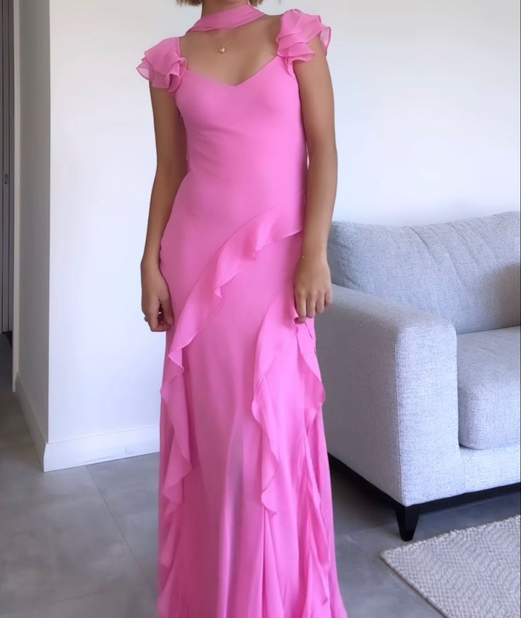 Beautiful Pink V Neck Chiffon Ruffle Mermaid Long Prom Dress Party Gown With Ribbon Wedding Guest Gown N250
