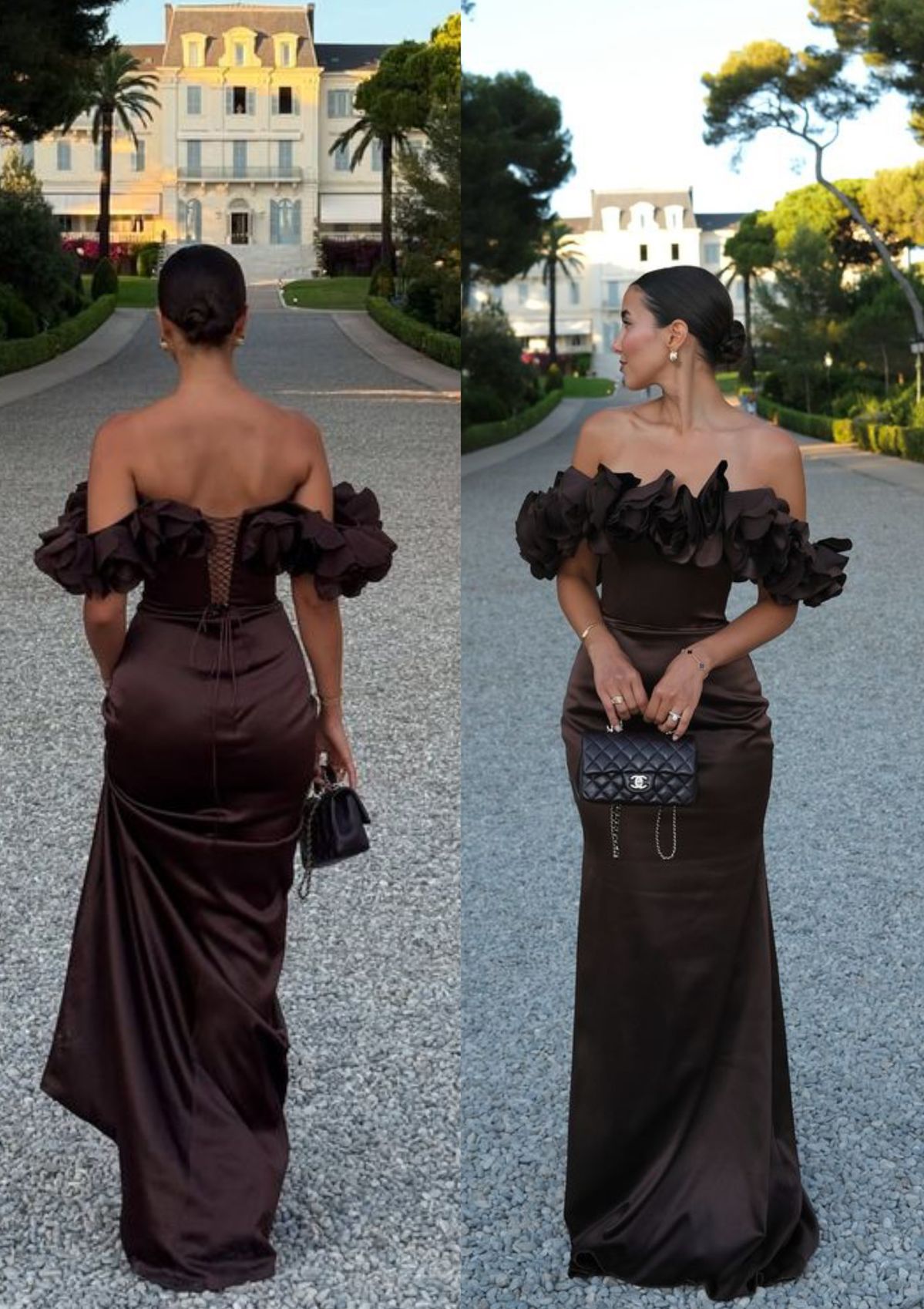 Robe de soirée longue sirène chic noire en satin à épaules dénudées et manches courtes N2817
