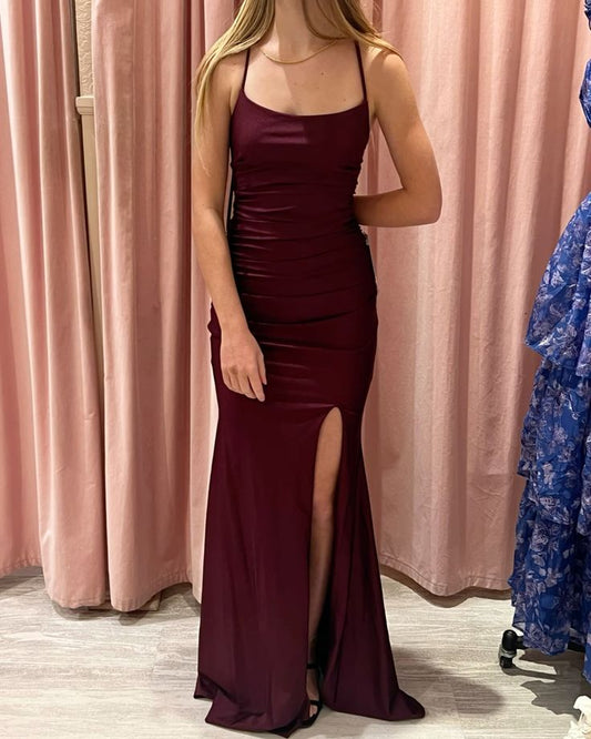 Robe de bal bordeaux sirène dos nu, fendue, style modeste, idéale pour une soirée formelle ou un 20e anniversaire (AB816)