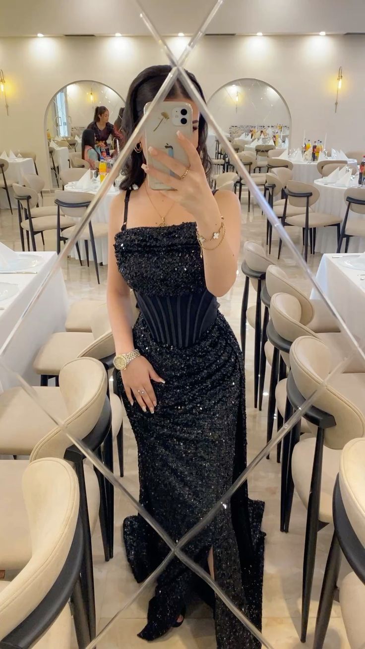 Robe de bal longue noire à paillettes, bretelles spaghetti, style sirène, N825