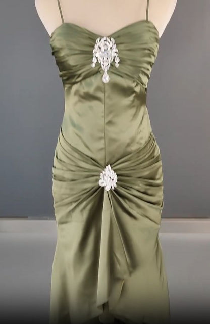 Elegantes, dunkelgrünes, langes Meerjungfrauen-Abendkleid aus Satin mit Spaghettiträgern – Wunderschönes Abendkleid N1782