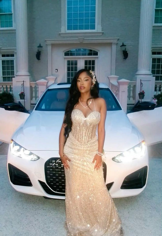 Modest Mermaid Halter Champagne Prom Dresses With Sequin Evening Party Formal Gown 20th Birthday Outfits AB812