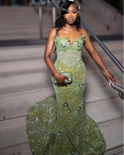 Robe de soirée longue sirène verte, robe de bal brillante, inspiration robes de fête, robe de princesse formelle N779