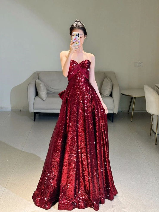 Shinning A line Sweetheart Red Sequins For Women Party Dresses Long Formal Prom Dress 22th Birthday Gown AB1351