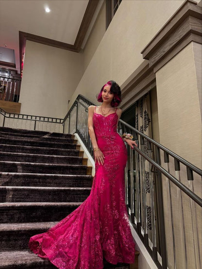 Robe de bal sirène sexy à bretelles spaghetti, rose vif, en dentelle et paillettes, tenue longue pour 18e anniversaire, robe de soirée dansante au lycée RB1236