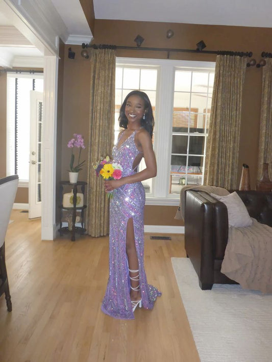 Robe de bal longue sirène à fines bretelles et sequins lilas, style sexy, référence N827
