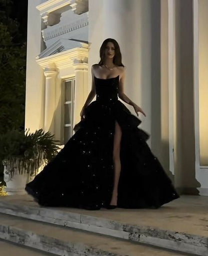 Funkelndes, trägerloses, burgunderrotes Ballkleid mit Schlitz, Pailletten, langes, formelles Abendkleid N795