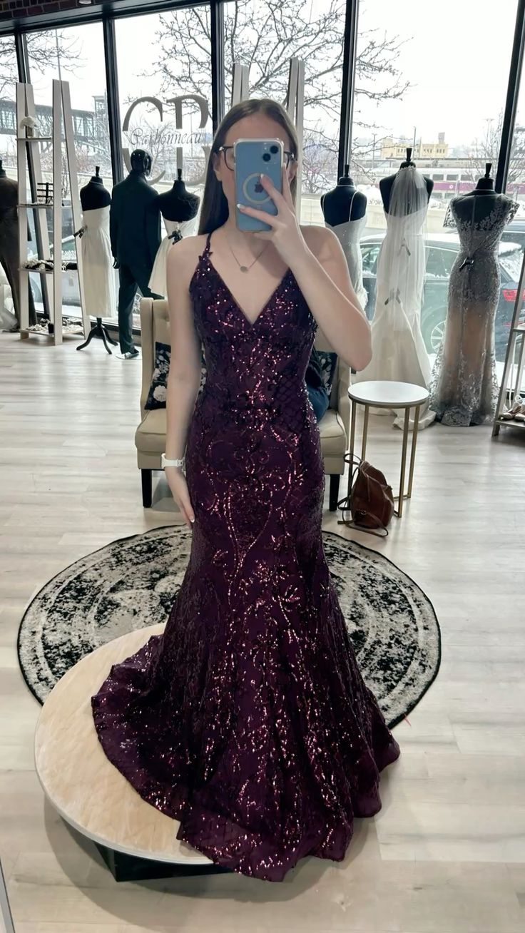 Robe de soirée longue à sequins raisin, style sirène, dos nu, pour femme, idéale pour un bal de promo ou un 22e anniversaire (AB1359)
