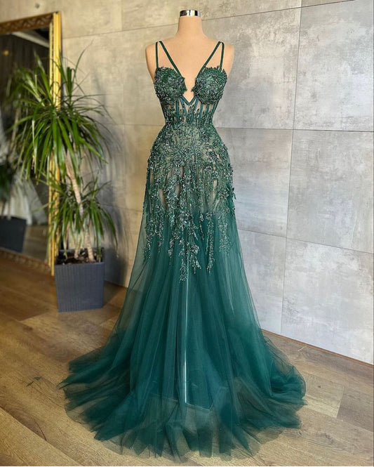 Elegantes Meerjungfrauen-Abendkleid aus smaragdgrünem Tüll mit Spaghettiträgern, langes Kleid für Sweet-16-Geburtstagsfeiern, AB1166