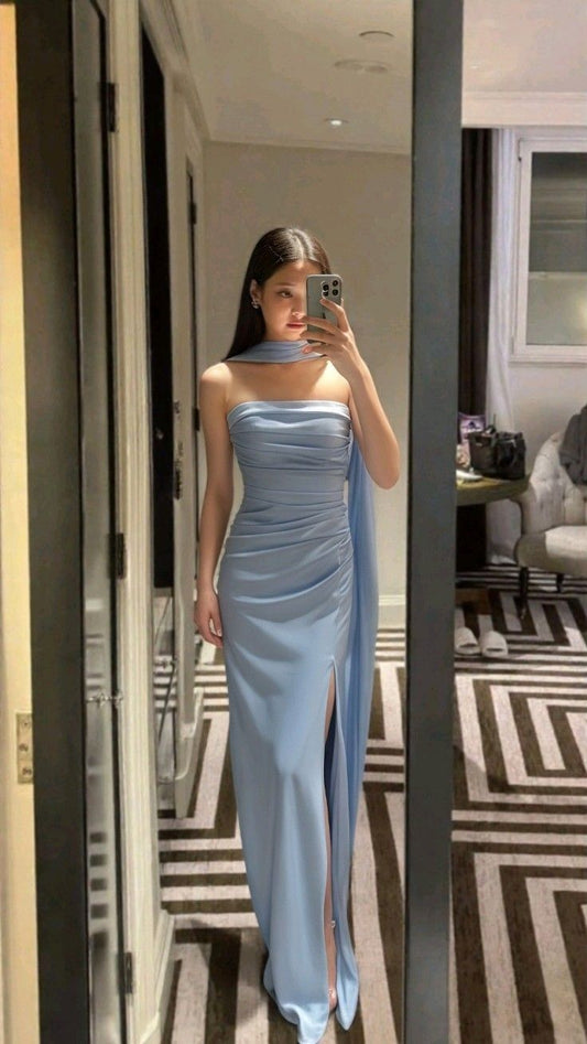 Bezauberndes, trägerloses, hellblaues Etuikleid mit Schlitz, langes Ballkleid, Abendgarderobe, formelles Kleid N1028