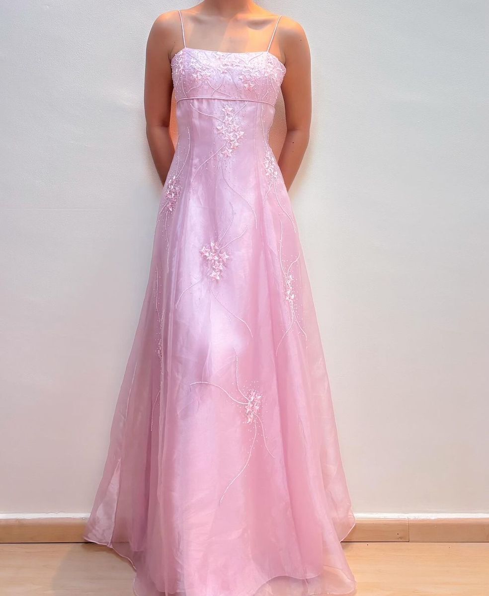 Robe longue de soirée rose à bretelles spaghetti coupe trapèze style années 90 N2815