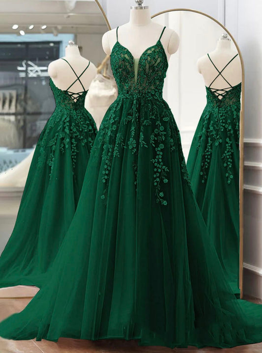 Elegantes Ballkleid mit Spaghettiträgern aus smaragdgrüner Spitze und Tüll, langes Abendkleid für den 16. Geburtstag, AB1165