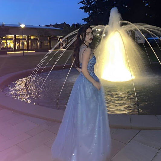 Modernes, blaues Tüll-Abendkleid in A-Linie mit Spaghettiträgern – modischer Stil für Teenager, festliche Kleider, Party-Outfits, Ballkleid AB1142