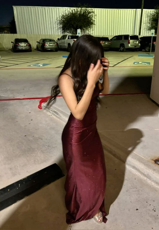 Simple Mermaid Spaghetti Strap Sleeveless Wine Red Burgundy Long Satin Prom Dress Inspo Prom Gown AB1046