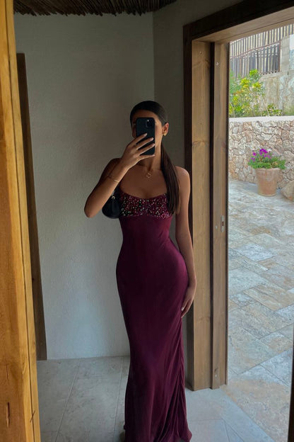 Elegant Mermaid Spaghetti Straps Burgundy Deep Red Satin Long Prom Dresses Formal Party Gowns Vestidos De Dia AB573