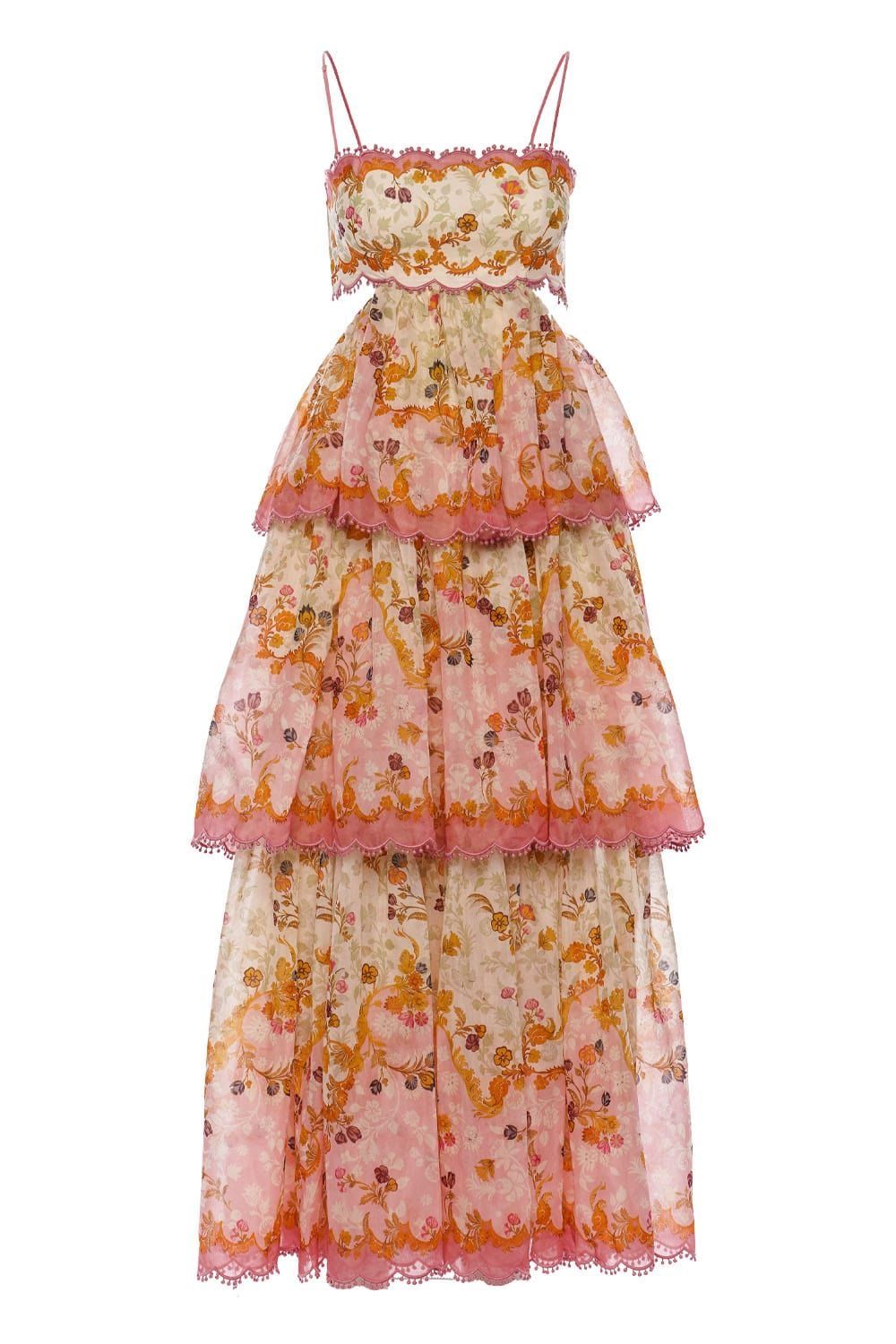 Robe de bal longue élégante à bretelles spaghetti, imprimé floral et volants, coupe trapèze, référence AB486