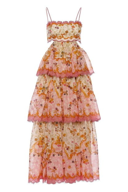 Robe de bal longue élégante à bretelles spaghetti, imprimé floral et volants, coupe trapèze, référence AB486